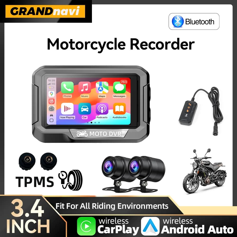 Navigazione GPS per moto portatile da 3,4 pollici Wireless Carplay Android Auto DVR Drive Recorder Moto Monitor WIFI IP67 impermeabile
