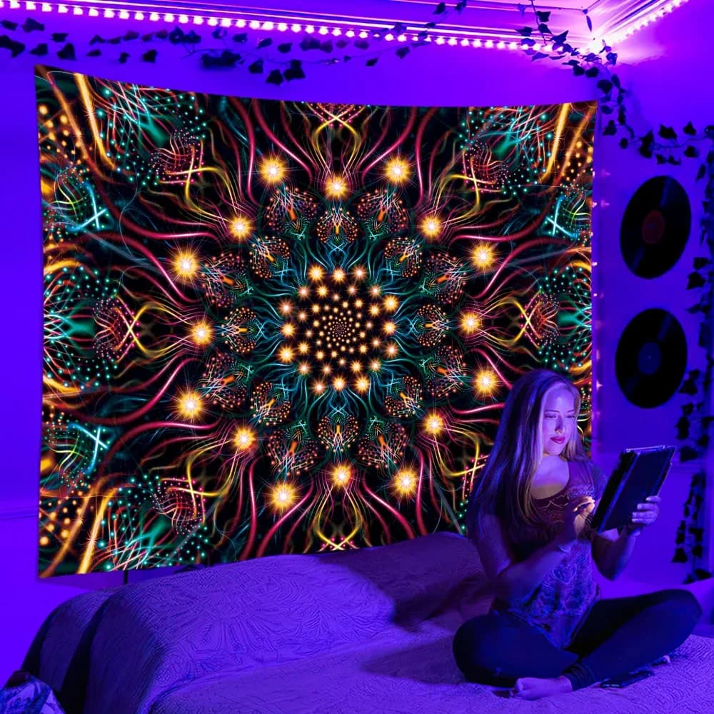 Black Light Tapestry UV Reaction Psychedelic Wall Hanging Hippie DJ for Bedroom Dorm Indie Room Decor