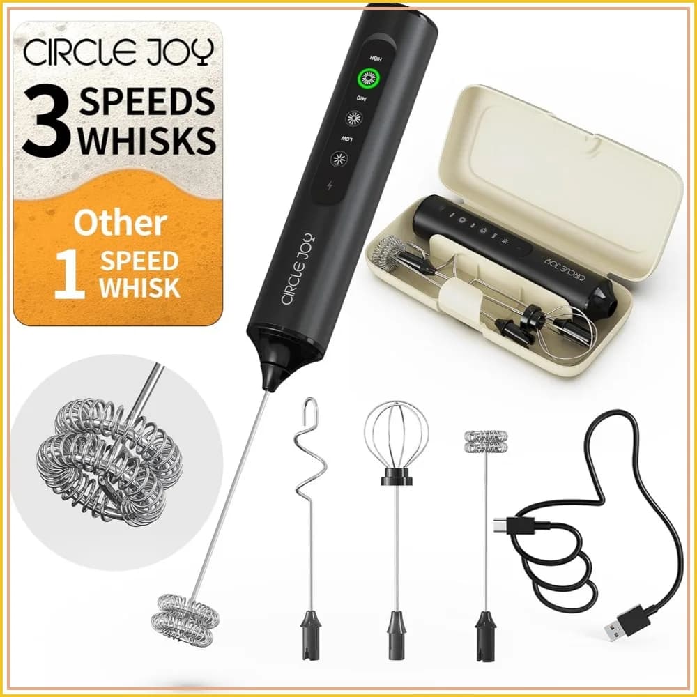Rechargeable Handheld Milk Frother Wand with 3 Variable Speeds, 3 Whisks and Storage Box, Electric Drink Mixer for Latte, Cappuccino, Hot Chocolate, Eggs and Protein Powder