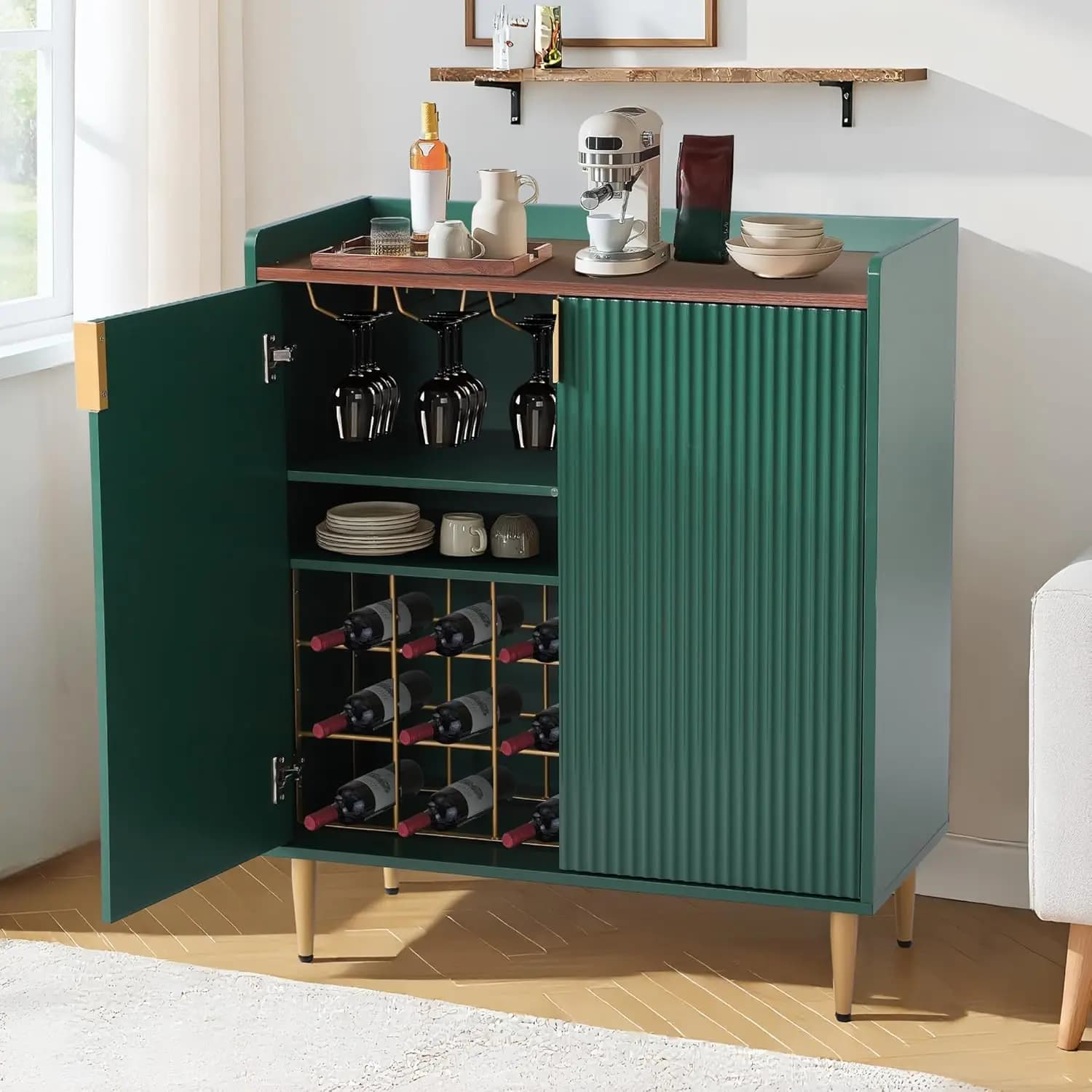 Mobile Bar da Cucina Stile Rustico con Luci LED, Mobile Bar per Vini, con Portabicchieri e Portabottiglie Rimovibili, Buffet da Cucina