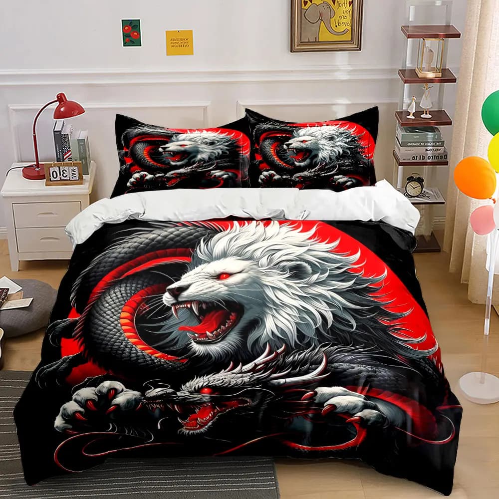 "Dragon Lion Art Decoration Set" Bedding Set with 1 Duvet Cover 2 Pillowcases Single Double King Queen, Gift