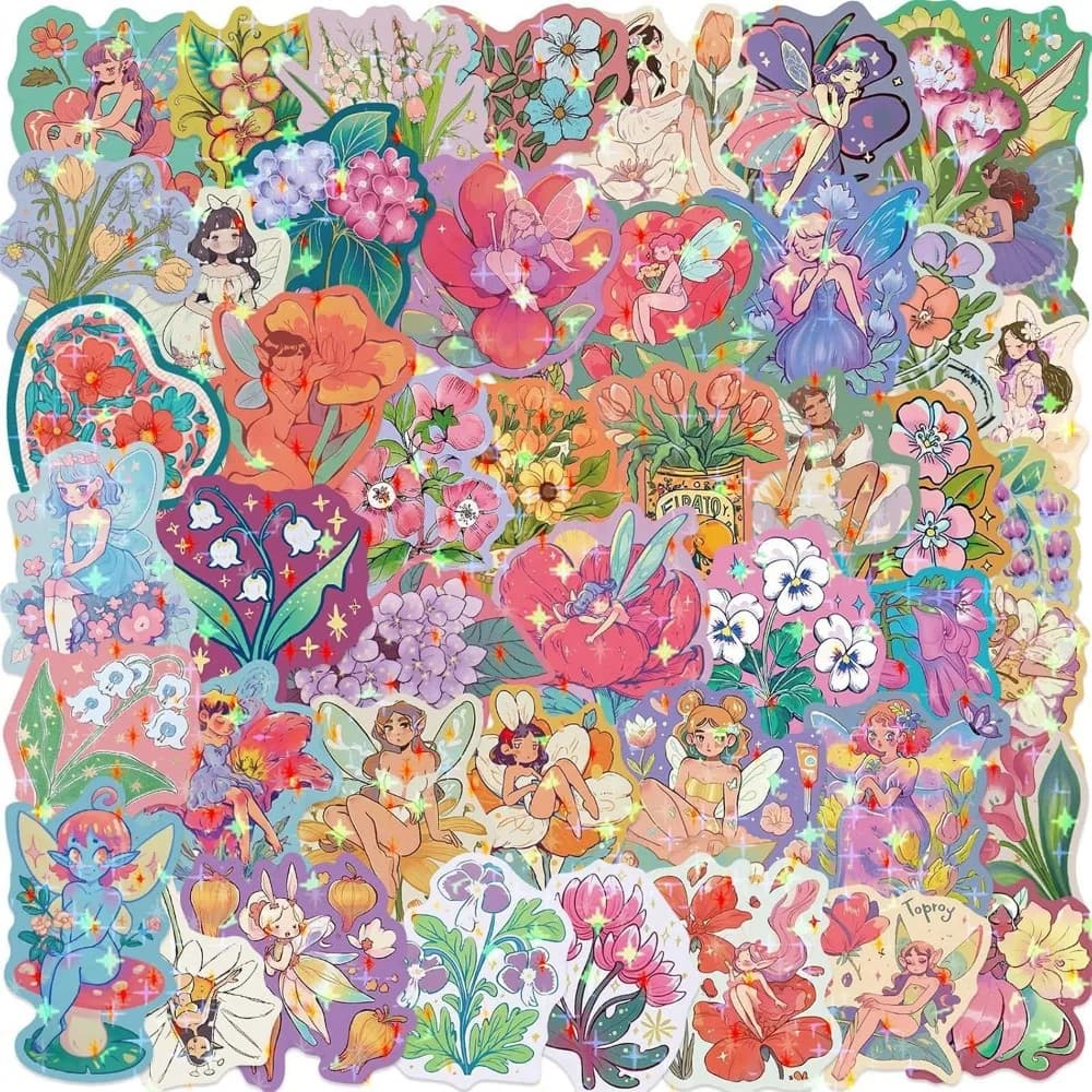 50-Piece Aesthetic Flower Fairy Stickers for Laptop, Water Bottle, Scrapbooking, and More - Waterproof Vinyl Decals