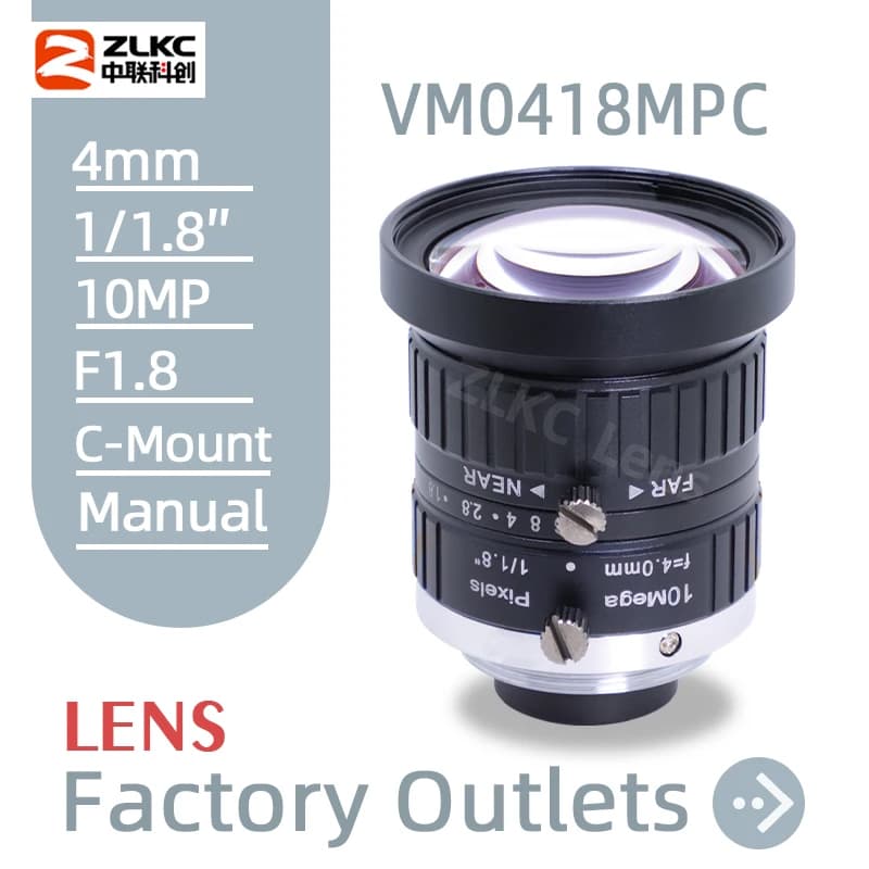 4mm Wide-Angle Lens 10MP High Resolution F1.8 Manual Iris 1/1.8'' Machine Vision Camera C Mount Lens for CCTV/FA Cameras