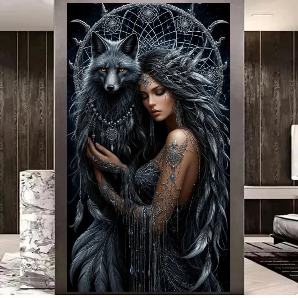 5D DIY Diamond Painting Full Diamond Mosaic Moonlit Forest Goddess Wolves Dreamcatcher Diamond Embroidery Kit Home Decor Craft