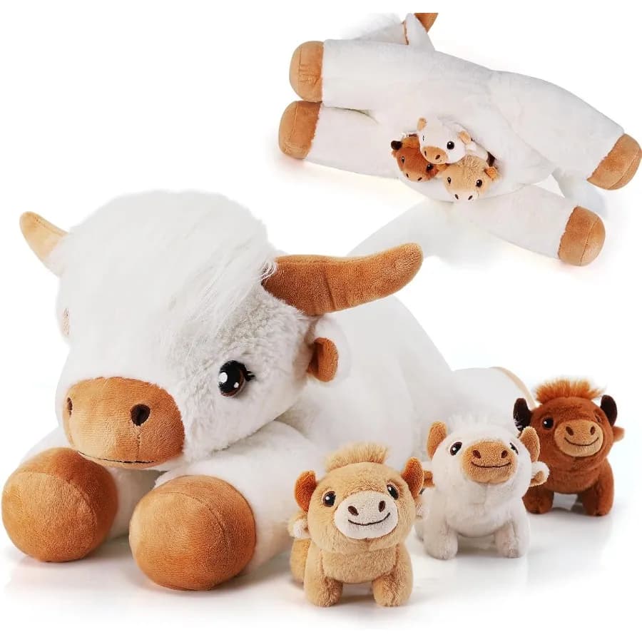 4 pezzi di animali di peluche di mucca delle Highland - Mucche di peluche bianche con 3 neonati - Simpatici giocattoli di peluche di mucche per ragazze dai 3 ai 8 anni - Ideale per Natale