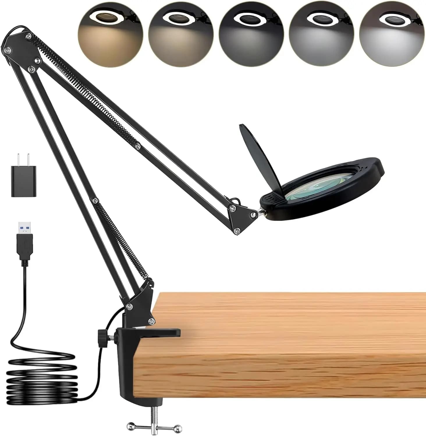 Lampada da Scrivania con Lente d'Ingrandimento 15X e Morsetto, Lente in Vero Vetro, 84 LED, 5 Modalità di Colore Dimmerabili, Caricatore USB