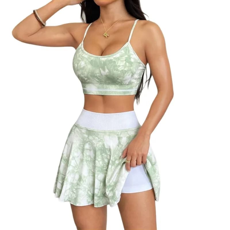 Completo Sportivo da Donna Due Pezzi: Reggiseno Yoga con Spalline e Gonna Plissettata a Vita Alta Tie-Dye per Tennis, Corsa e Fitness