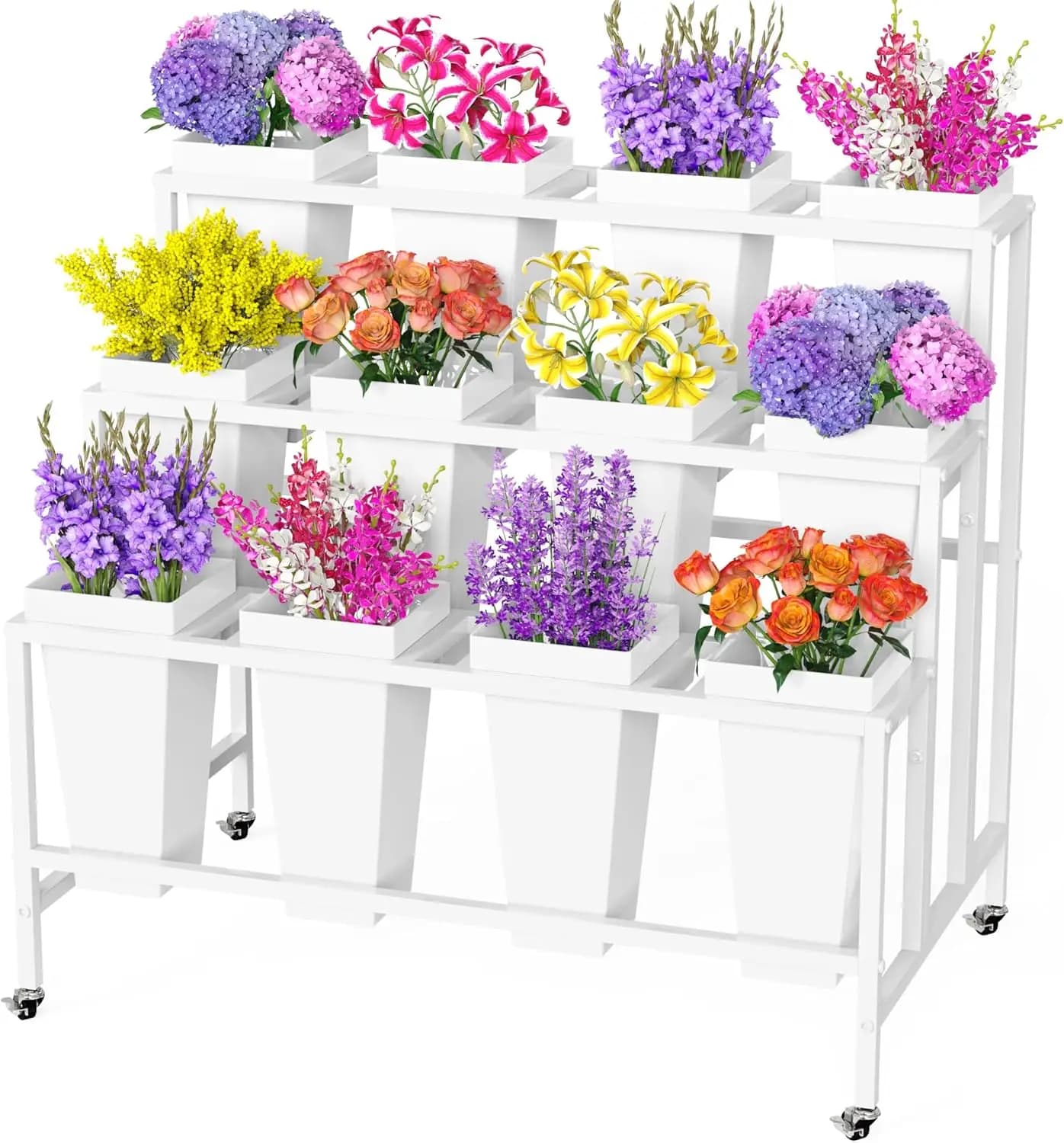 Espositore per Fiori a 3 Livelli in Metallo con 12 Secchi, Carrello Floreale Mobile con Ruote, Organizzatore per Bouquet e Scaffale per Piante per Interni ed Esterni, Giardino e Decorazioni per Feste, Bianco