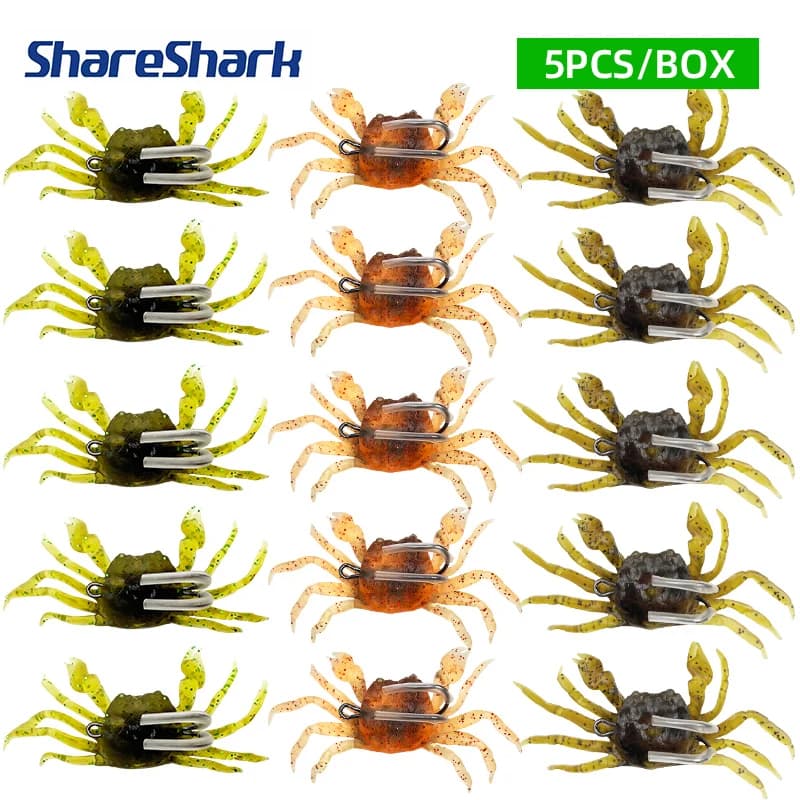 ShareShark 5 pcs/box Soft Esche in 3D Crab Shape Rubber with Double Amo, Sea Fishing Accessories