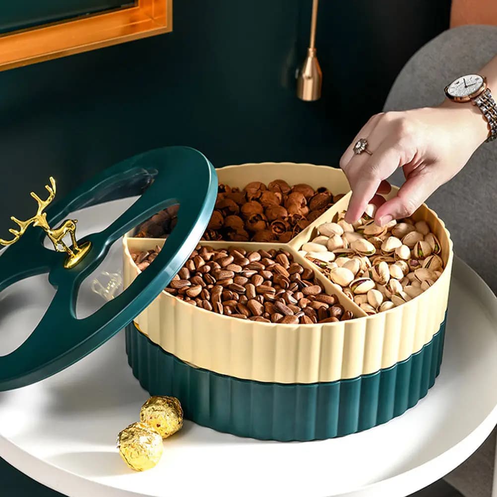 Rotating Double Layer Snack Container with Compartments for Fruits Candies Nuts Dried Fruit Storage Ideal for Home Office