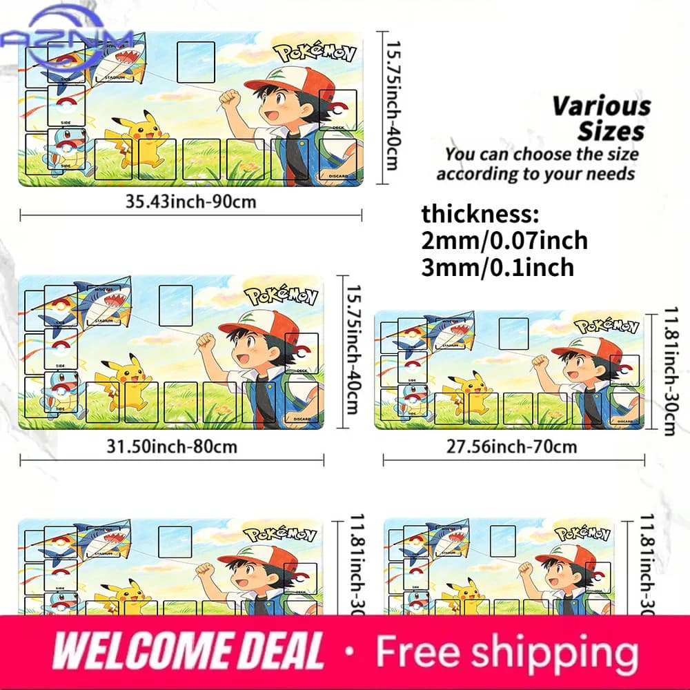 Tappetino da Gioco Pokemon Ash Pikachu Squirtle Shark TCG, Tappetino per Gioco di Carte Collezionabili con Zone, Spessore 2mm/3mm, Tappetino Antiscivolo per CCG