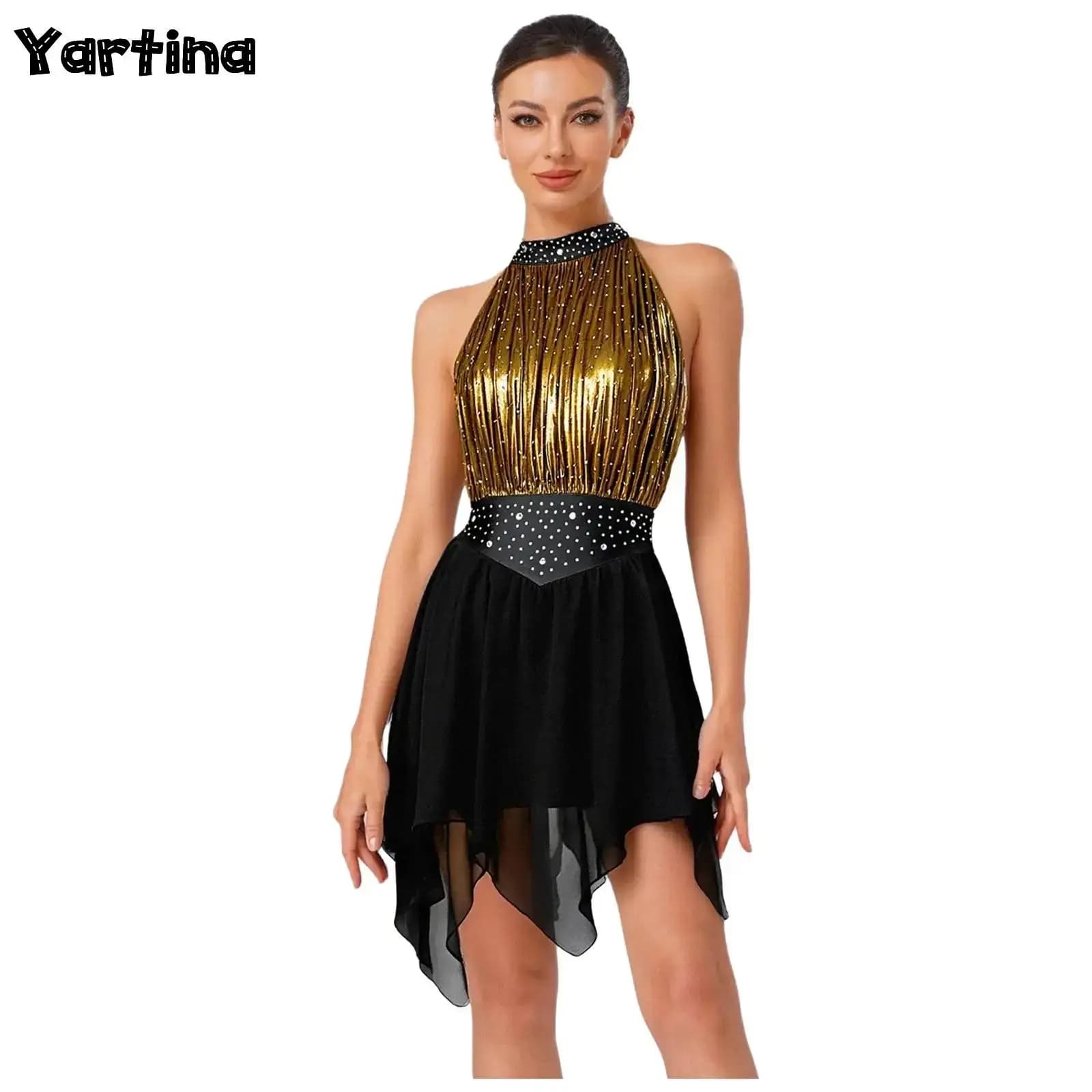 Body da balletto per ginnastica con strass metallici da donna, vestito da pattinaggio di figura, costume da danza lirica moderna e contemporanea increspata