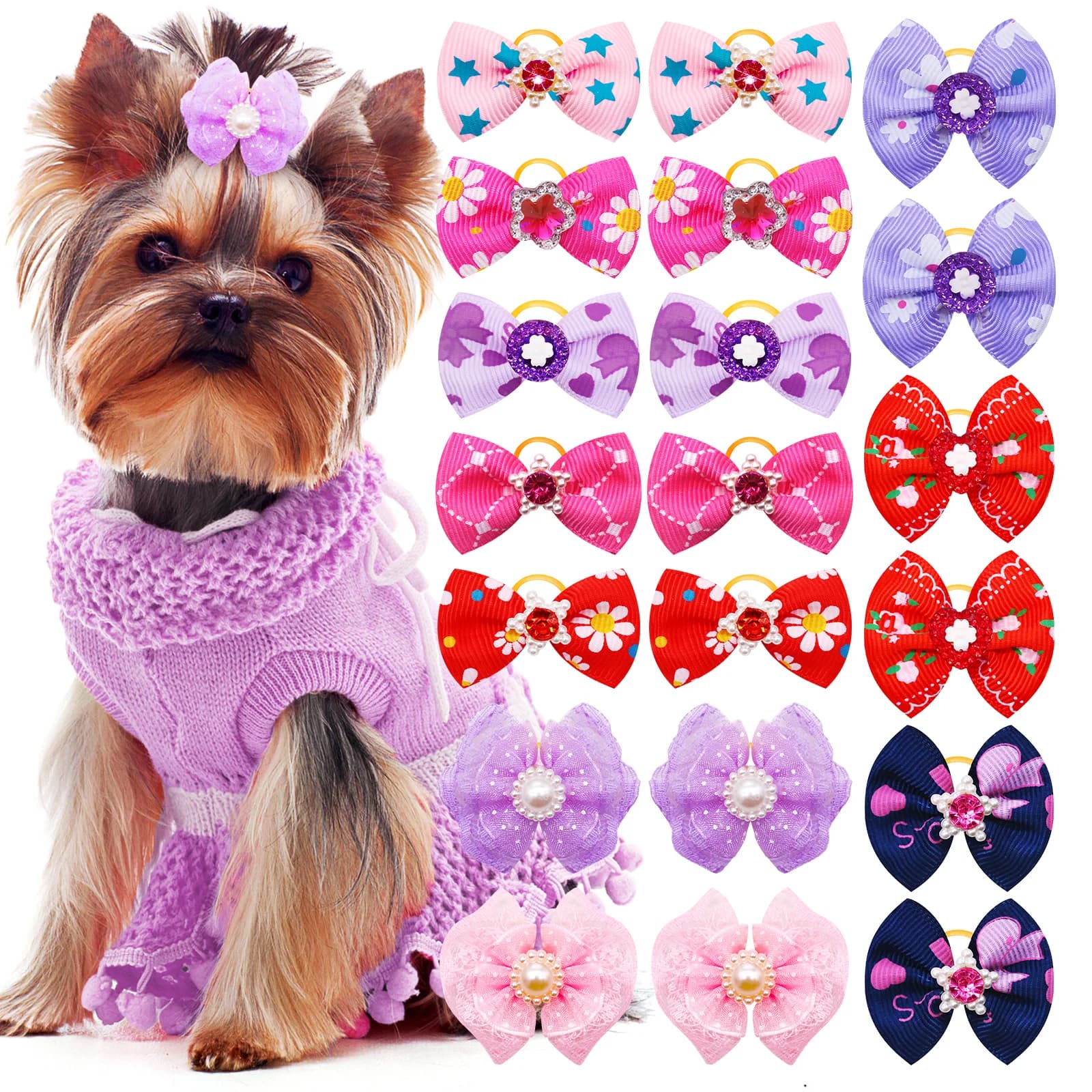 20PCS Archi per capelli per cani e gatti con diamante Perla Rosa Cucciolo Gattino Fiocco per capelli Regali per ragazza per cani di piccola taglia Accessori per toelettatura di animali domestici
