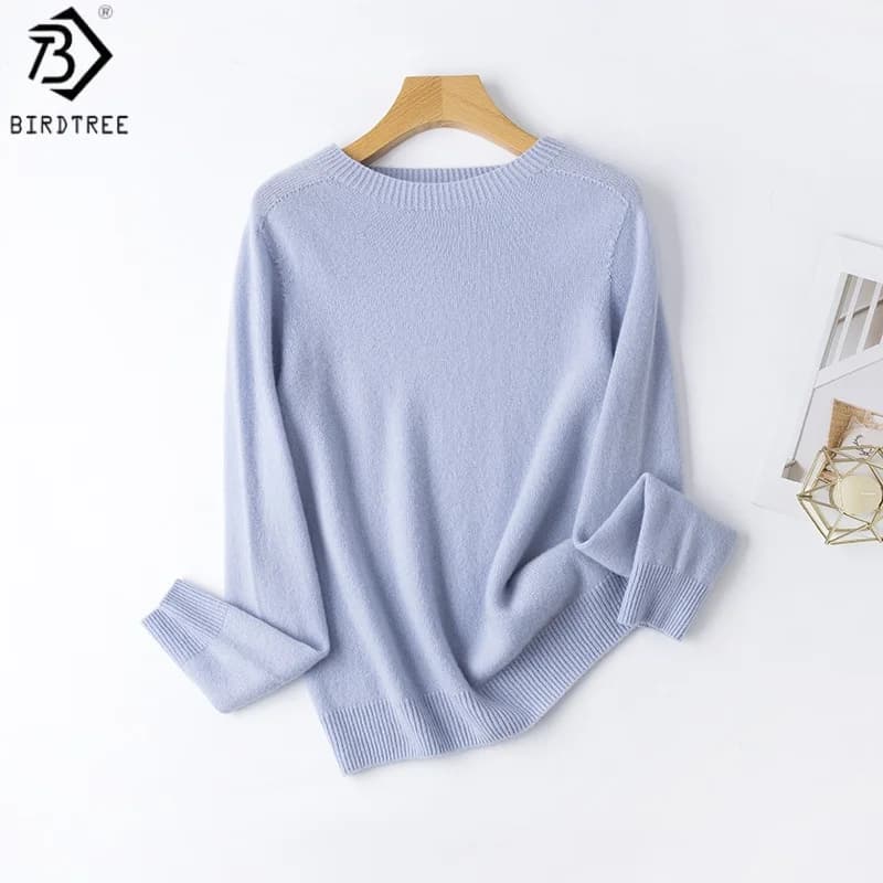 Birdtree, 100% Sheep Wool Solid Knitwear Sweater, Woman Seamless O-neck Full Sleeve Autumn Winter Loose Shirt Pullover T59311JF