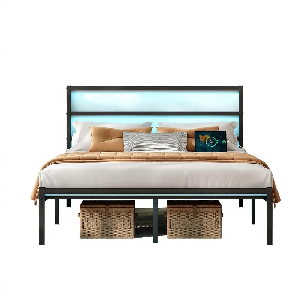 #Full Size Bed Frame Heavy-Duty Steel Slats LED USB Charging Station Under-Bed Storage Mattress Foundation Noise-Free