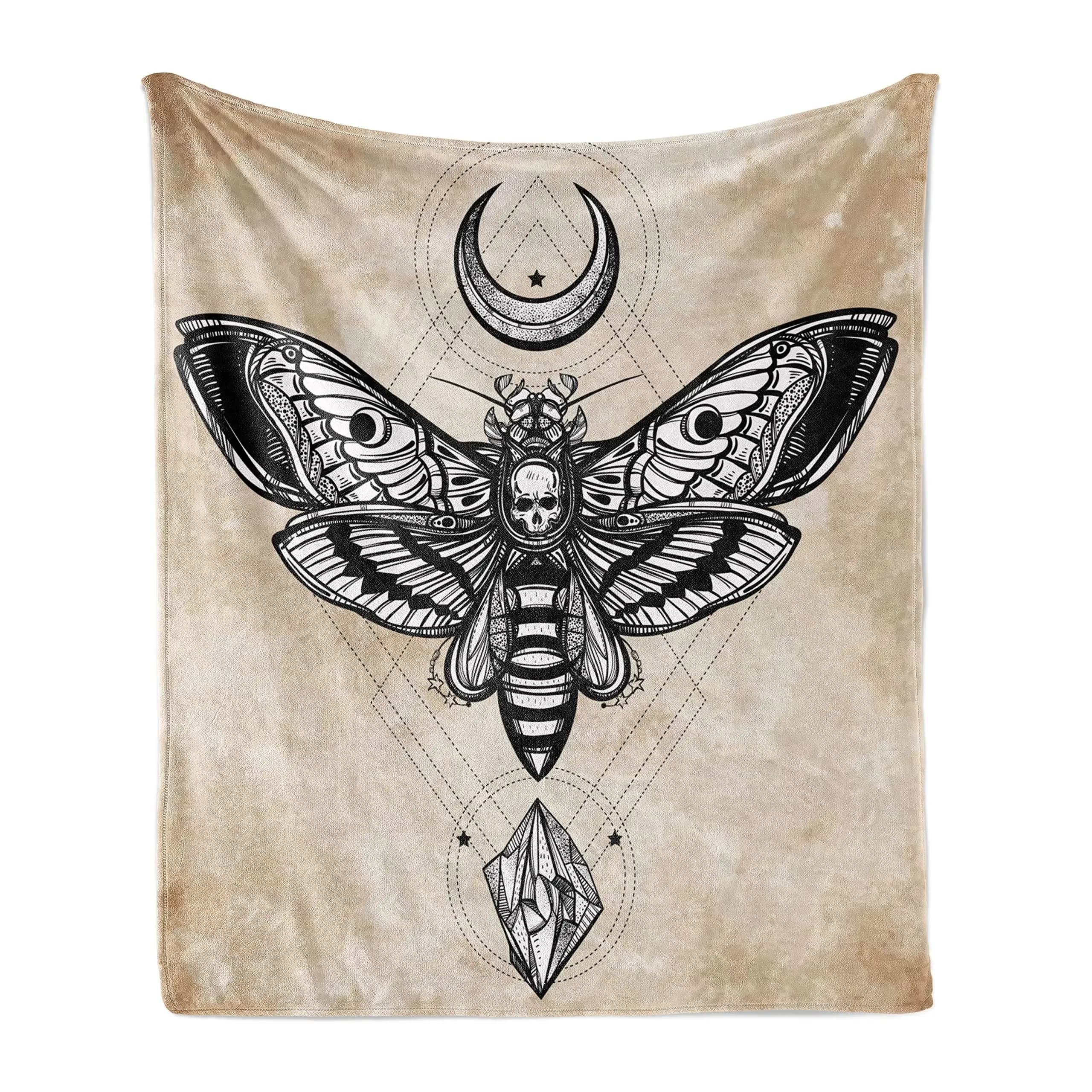 Coperta fantasia, testa morta Hawk Moth Luna e illustrazione di teschio magico di pietra, coperta di flanella morbida fodera per divano per adulti