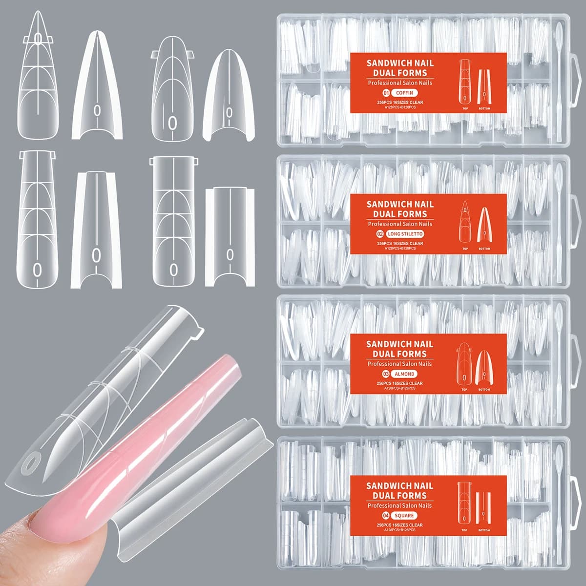256 Pz/scatola Sandwich per Unghie Punte per Unghie a Forma Doppia Costruzione Rapidamente Forma di Gel Sistema per Unghie Punte a Copertura Completa Forma di Estensione delle Unghie