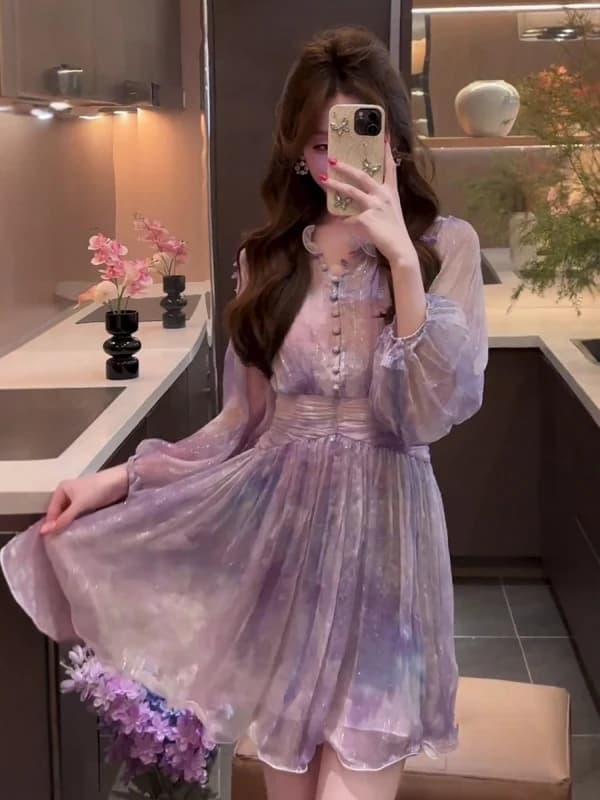 Retro Gradient Purple Dress Women's Early Autumn New High-End Sensation Long Sleeve Short Skirt Elegant Ladylike Style
