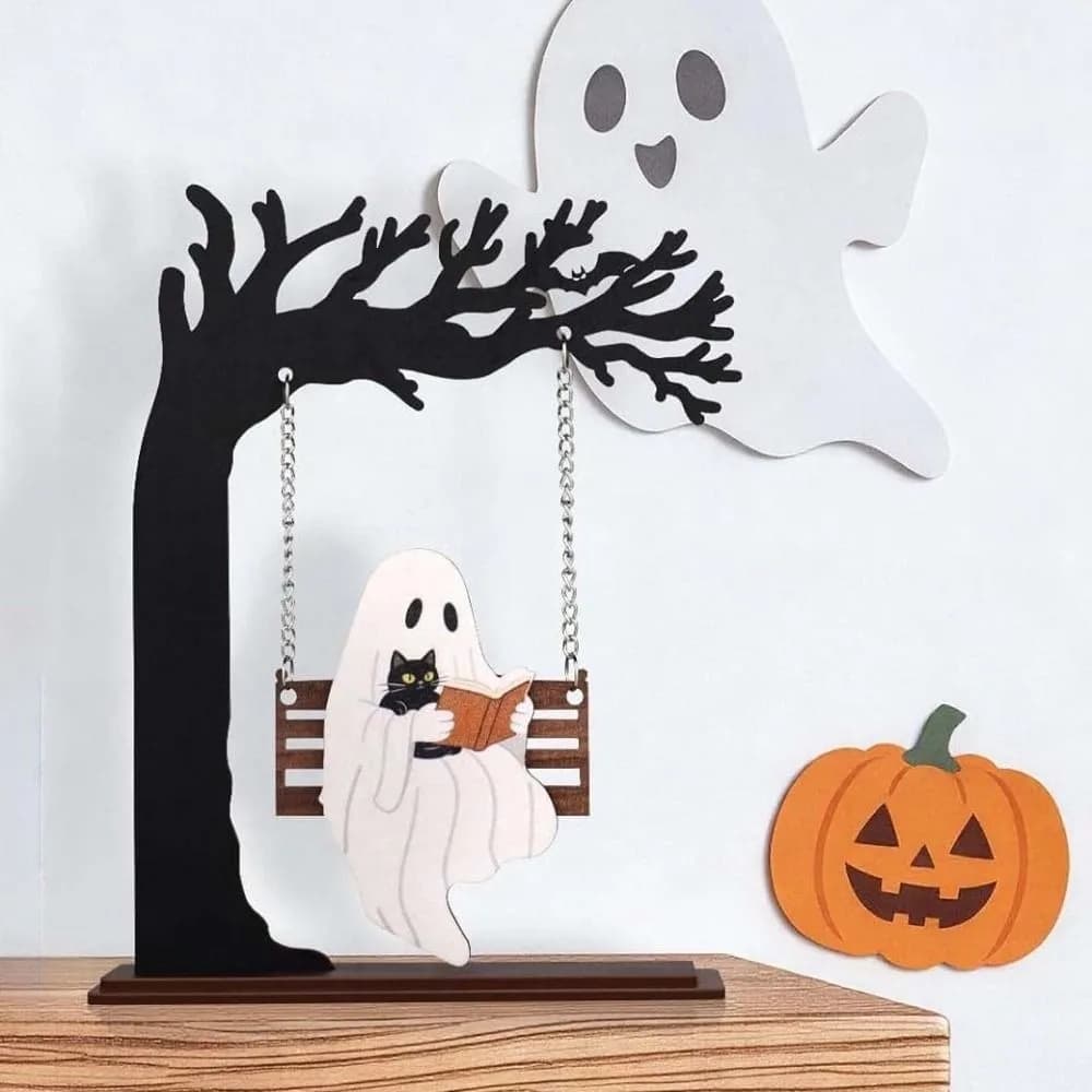Laser-cut Ghost Swing Ornament Multilayered Eco-friendly Cat Reading Figurine Compact Lightweight Spooky Tree Sculpture
