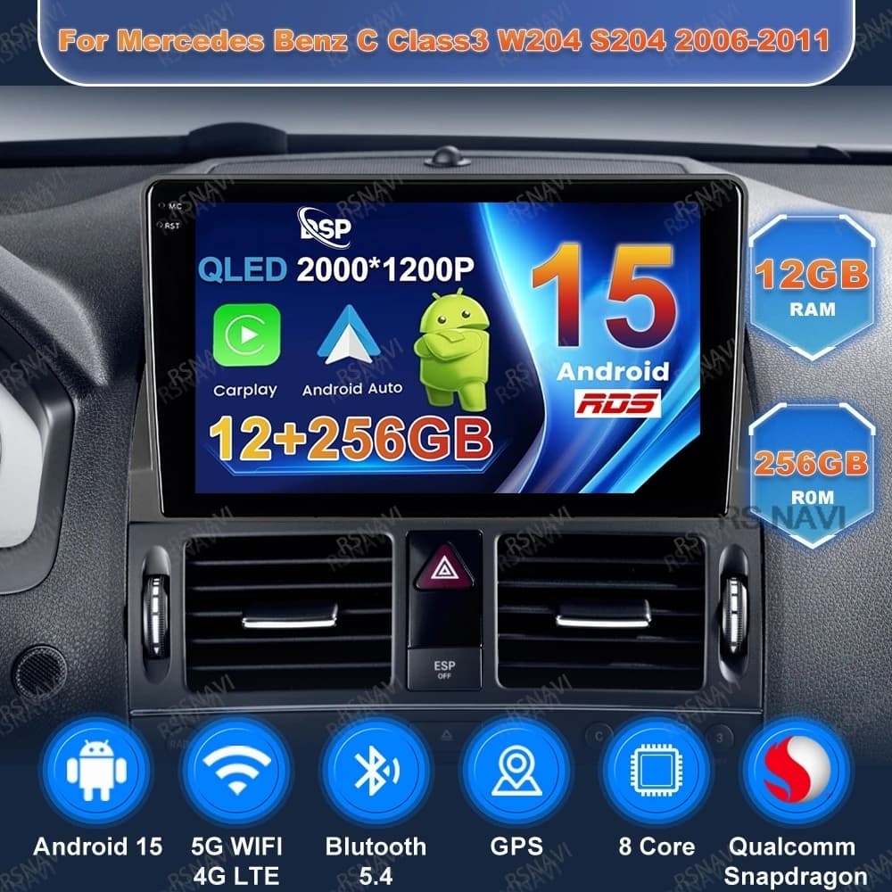 Android 15 Autoradio Per Mercedes Benz Classe C3 W204 S204 2006-2011 Wireless Carplay Auto Qualcomm 5G WIFI Stereo DSP BT QLED