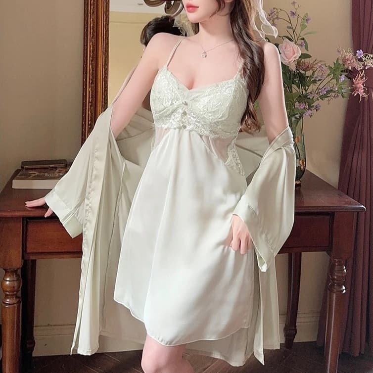 Completo da Notte Due Pezzi da Donna in Raso Setoso, con Vestaglia e Camicia da Notte in Pizzo, Stile Kimono, per Primavera Estate, Abbigliamento da Casa