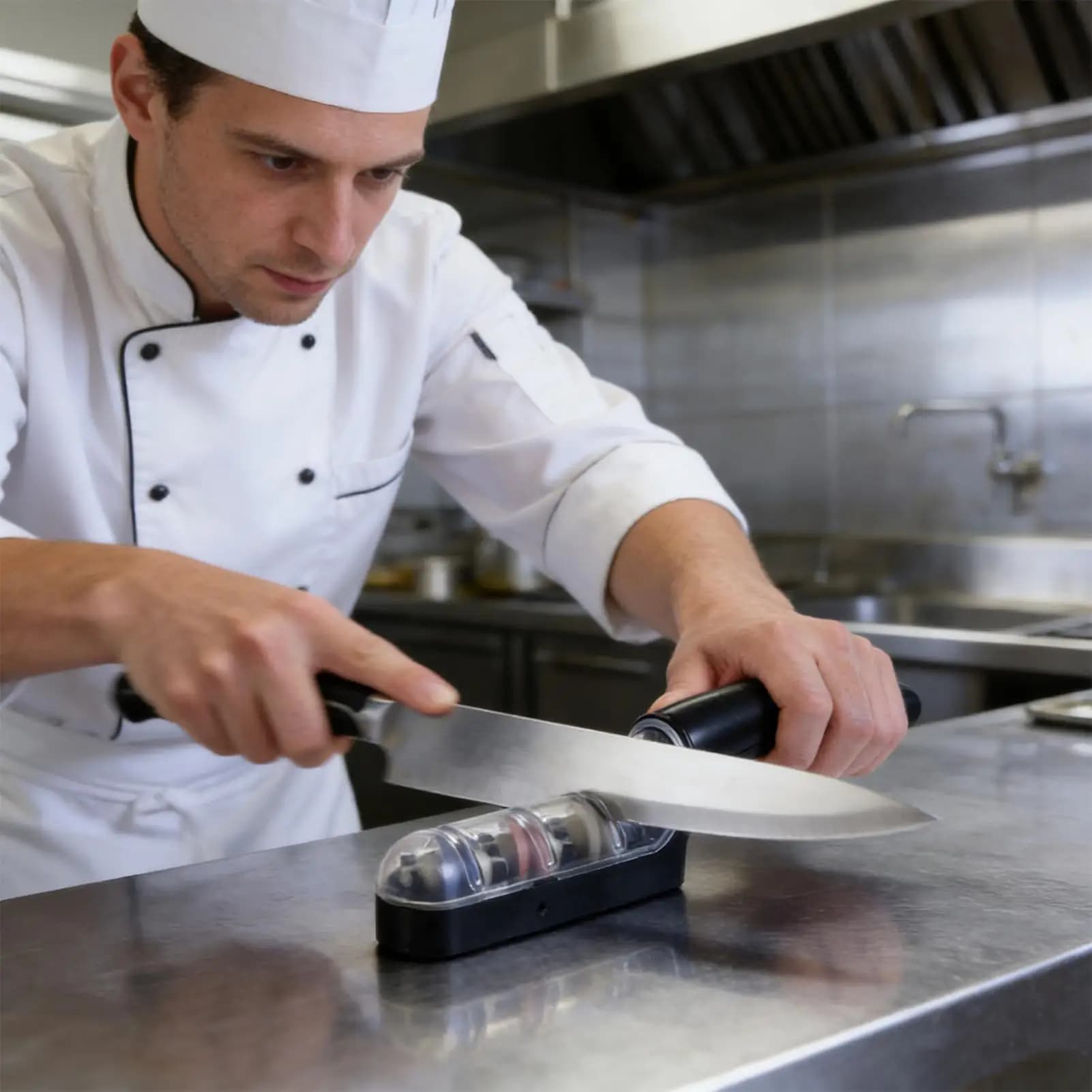 Affilacoltelli da Chef a 3 Fasi con Manico Antiscivolo, Sistema di Affilatura con Pietra per Affilare Coltelli, Seghe, Forbici e Rasoi da Cucina