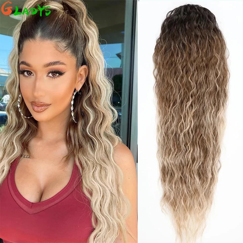 26 Inch Long Horsetail With Drawstring Water Wave Horse Riding Hair Extensions Shadow Color Ricci Horsetail Synthetic Hair Resistant Heat Resistant