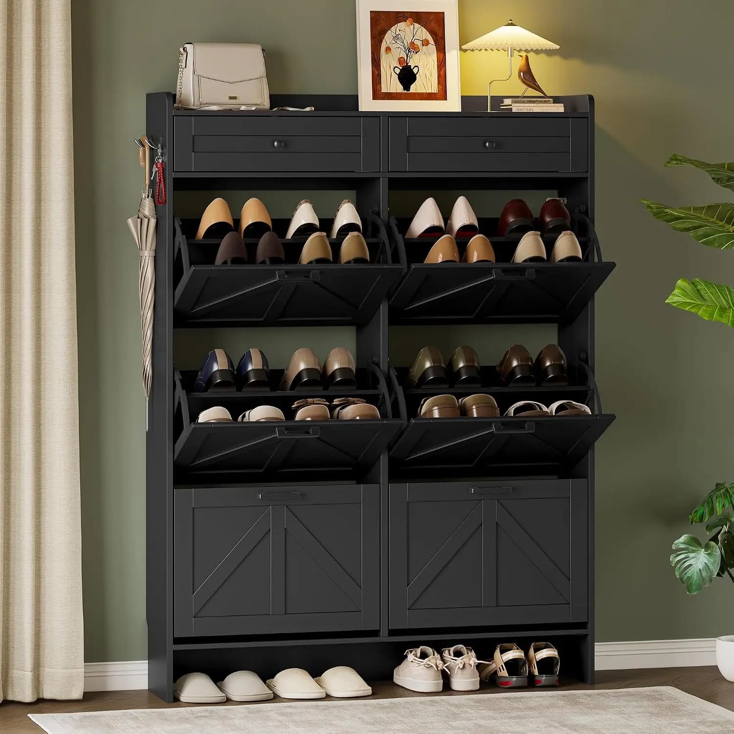 Farmhouse Shoe Cabinet with 6 Flip Drawers & 2 Top Drawers, Narrow Organizer with Shelves, Hooks & Anti-Tip Kit, Customized