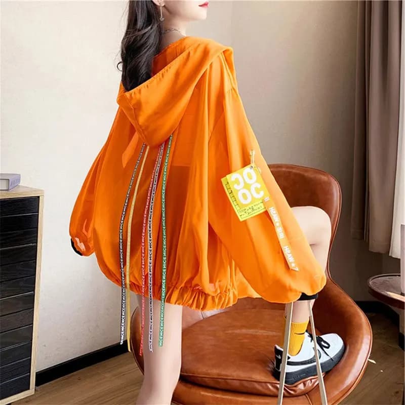 Ice Silk Thin Loose Women's Summer Sun Protection Clothing Breathable Lightweight Long Sleeve Hooded Jacket Polyester Fiber