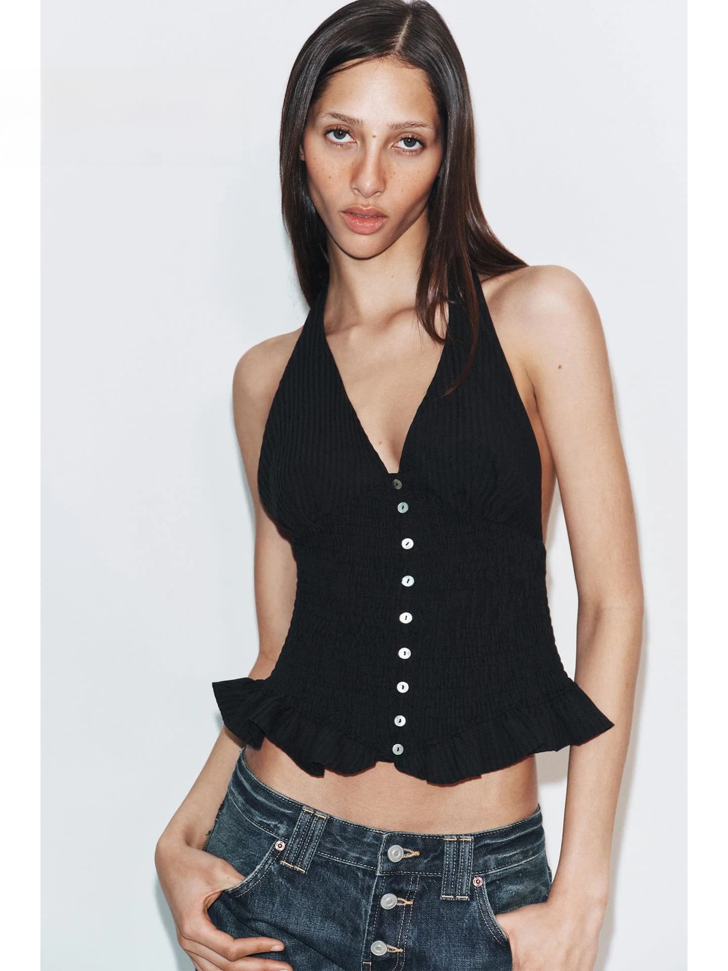 Summer 2026 Sexy Spicy Girl Style Vertical Stripe Neck Hanging Waist in Women's Slim Fit Top with Lace Trim Short V-neck Slee...