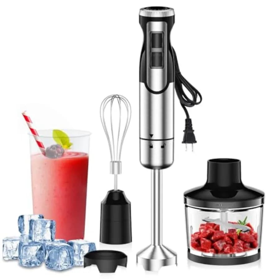 Frullatore a Immersione 1800W 4-in-1 Portatile per Tritare Ghiaccio, Frullati, Pappe, Zuppe, Mixer a Mano a 8 Velocità con Funzione Turbo