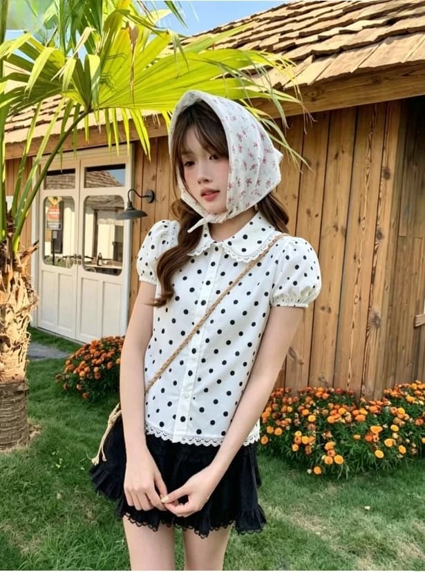 Abbigliamento Donna Streetwear, T-shirt con Colletto Peter Pan, Camicia Slim Vintage a Pois, T-shirt Giapponese Y2K, Blusa Estiva Dolce Stile Fatato