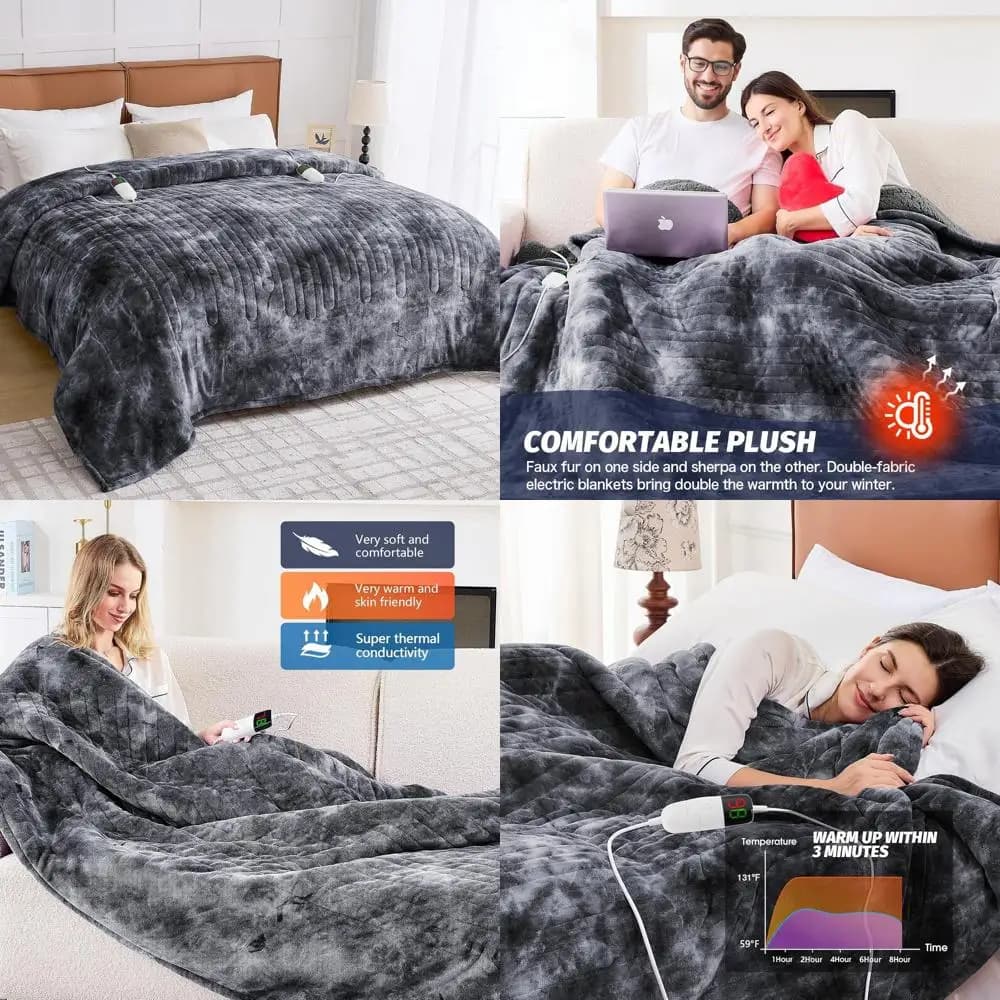 Coperta Elettrica in Finta Pelliccia Sherpa, 5 Timer e 10 Livelli di Calore, 84x90 Grigio Marmorizzato per Divano Letto, Regalo Caldo per l'Inverno