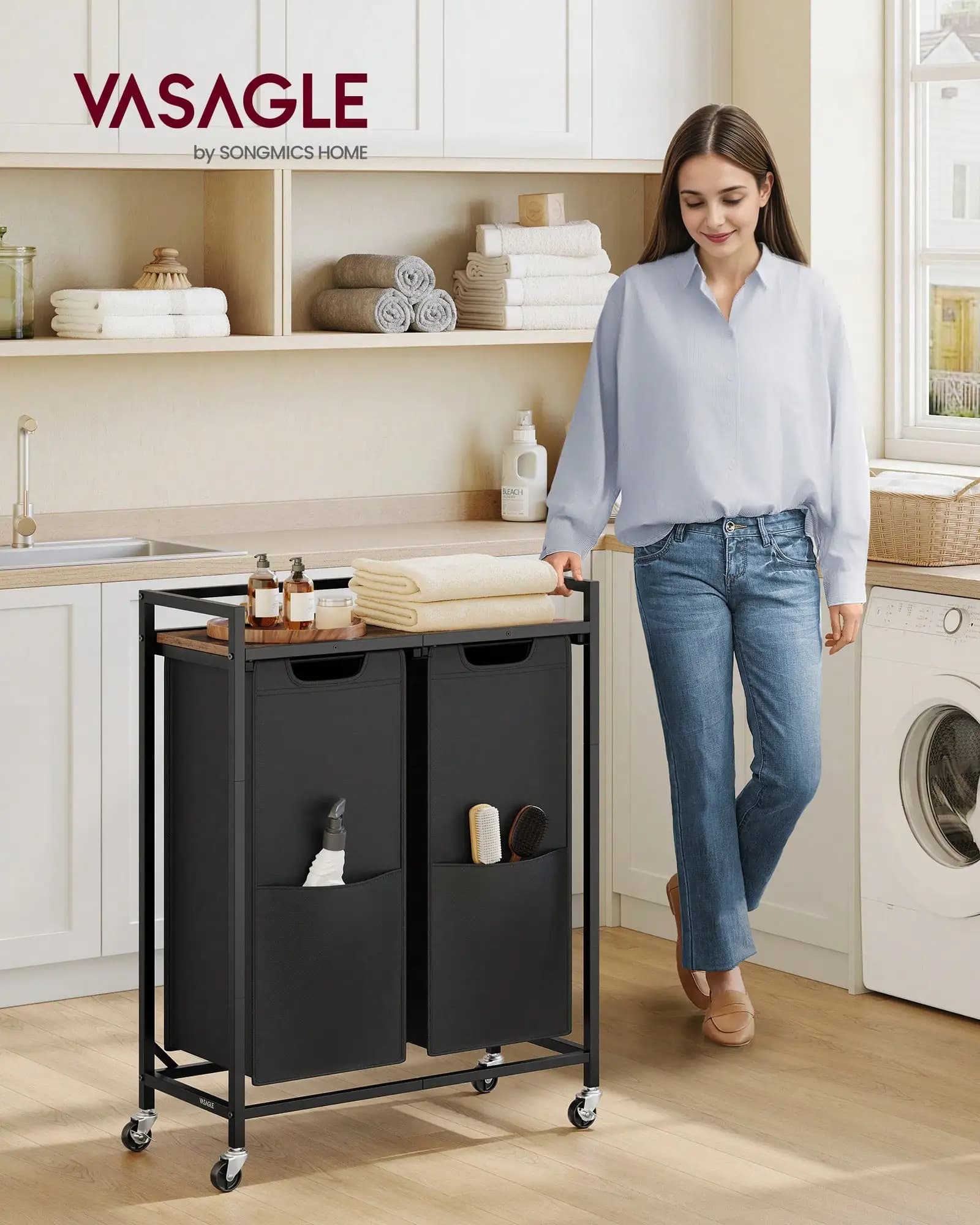 Laundry Sorter, 29 Gal. (110 L) Laundry Hamper Basket With 2 Compartments, Rolling Cart With Wheels, Shelf, Removable Bags, Pockets