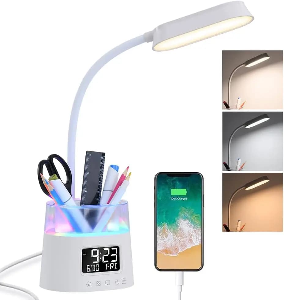 Lampade da Scrivania LED per Casa e Ufficio con Portapenne, Lampada da Tavolo per Camera da Letto con Porta USB e Orologio, Luce Notturna RGB, Studio