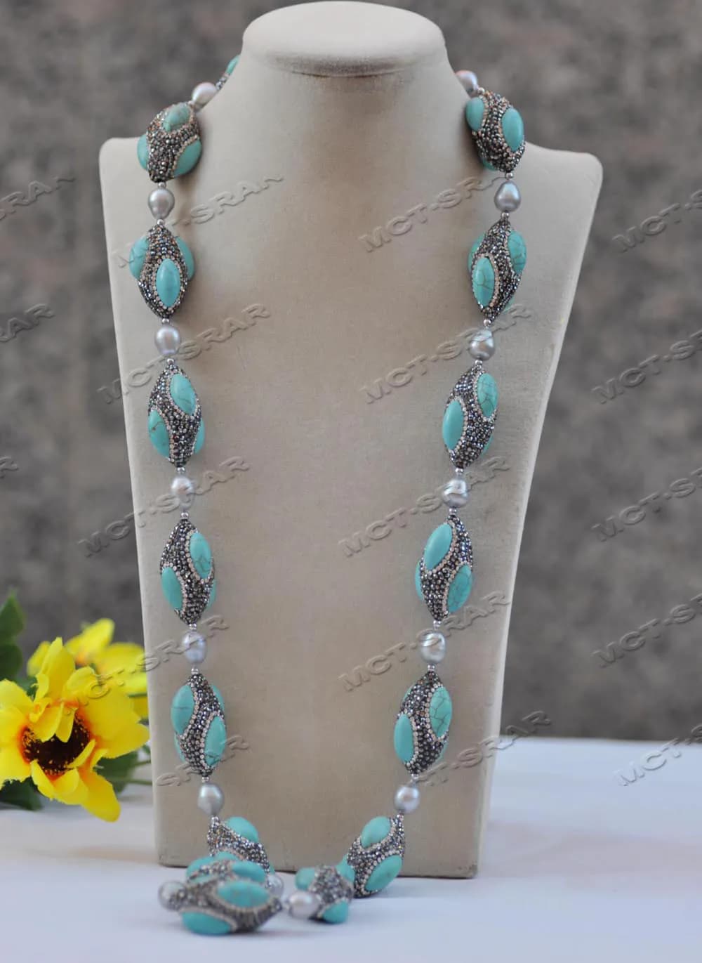 MTC·STAR Collana di perle di riso grigio con navetta blu turchese CZ da 35 pollici e 35 mm (Z11576)