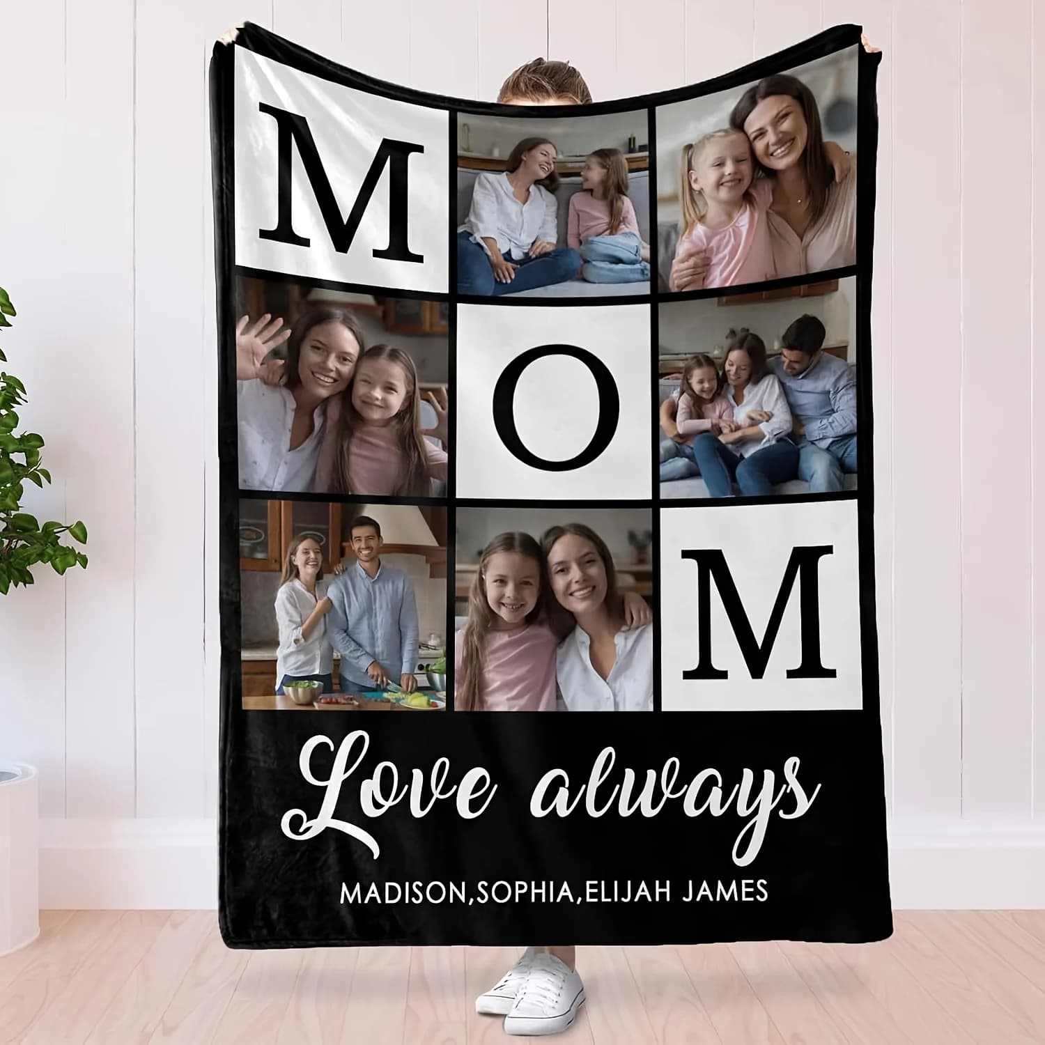 Personalized Family Photo Blanket with "Mom and Child Forever Love" Customized Text, Warm Flannel, Perfect Gift for All Seasons