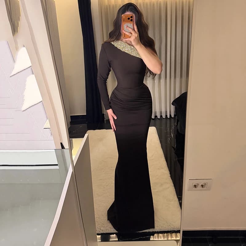 Thinyfull Arabia Saudita Sirena Abiti da sera da ballo Nero Una spalla Paillettes Abito da festa Abito da cocktail notturno personalizzato