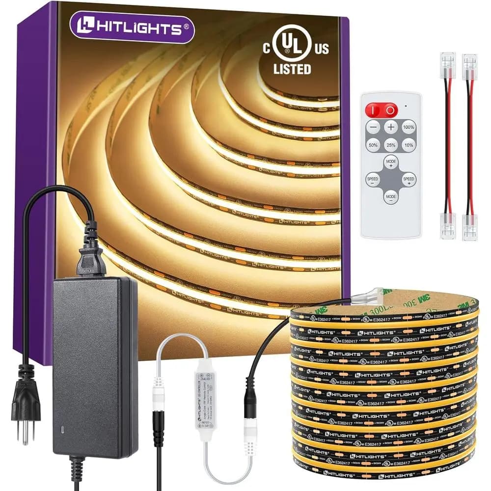 Kit LED Strips COB White Hot With Remote Control and Power Supply 12V, Dimmable Bright Tape 16.4ft 3000K, 2400 LED, 305+Lm/ft, UL Certificate