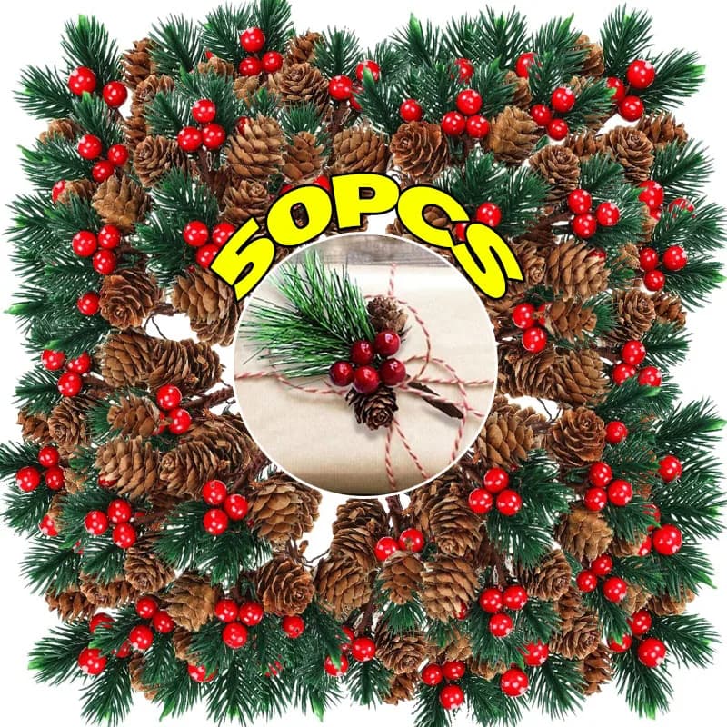 5/50PCS Artificial Red Pine Cones Needles Christmas Berry Pinecone Artificial Flower Holly Branches Xmas Tree Garland Gift Decor