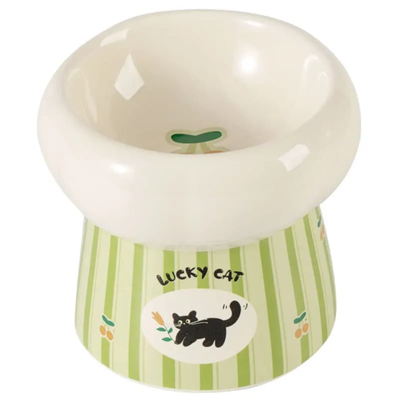 Elevated Ceramic Dog Bowl Tilted Neck Protection Anti-Vomiting Green Lucky Cat Pattern Food Water Feeder for Small Pets