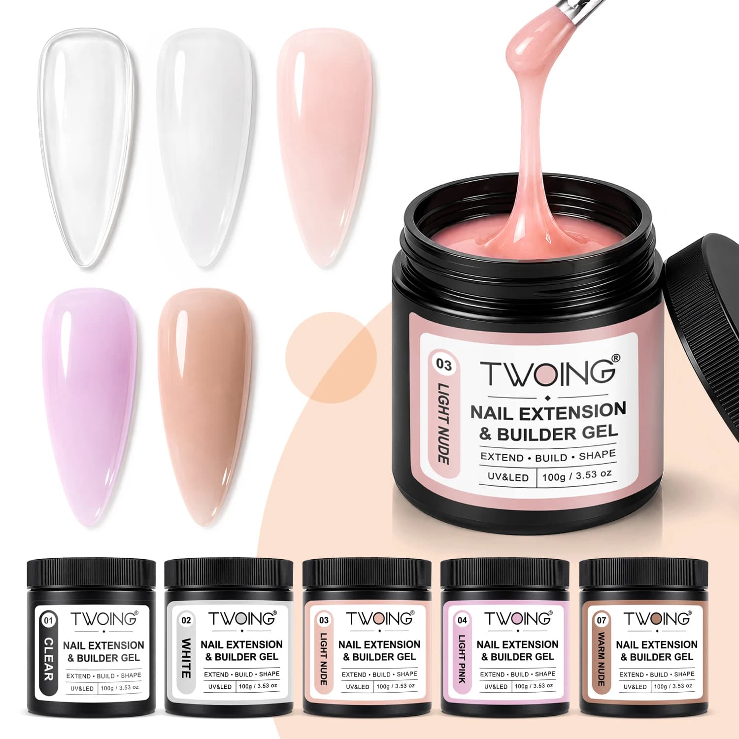 TWOING 100g Builder Nail Gel White Nude Pink Nail Extension Gel Multifunctional Nails Art Gel Polish Soak Off UV for Salon DIY