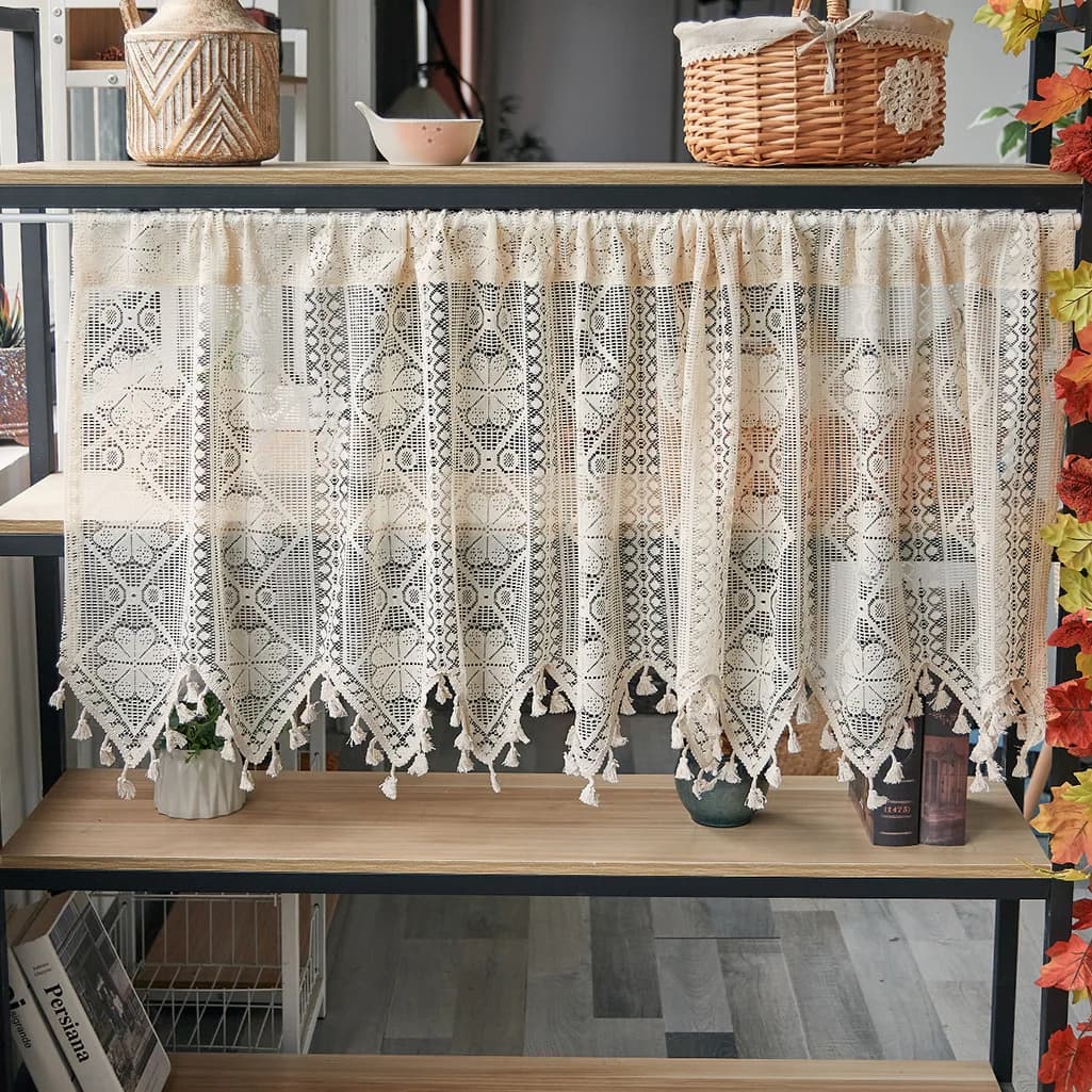 Window Valance Flags Style with Tassel Lace Floral Knit French Short Curtain Window Screen Romantic Rod Pocket Valances 220x60cm