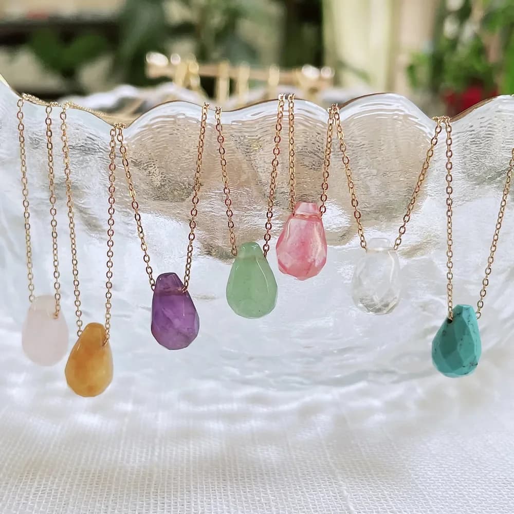 Fashion Natural Stone Pendant Necklaces for Women Cute Small Water Drop Amulet Charm Pendulum Stainless Steel Chain Necklaces