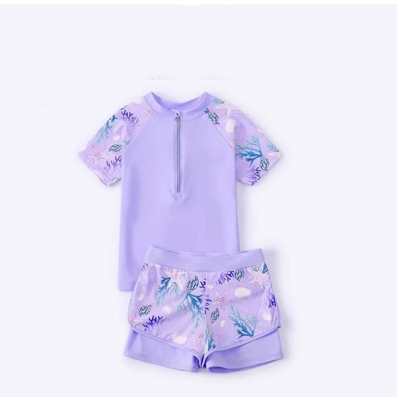 Costumi da bagno a due pezzi per bambini, estivi, da spiaggia, a maniche corte, per piscina, con pantaloncini a doppio strato, per ragazze