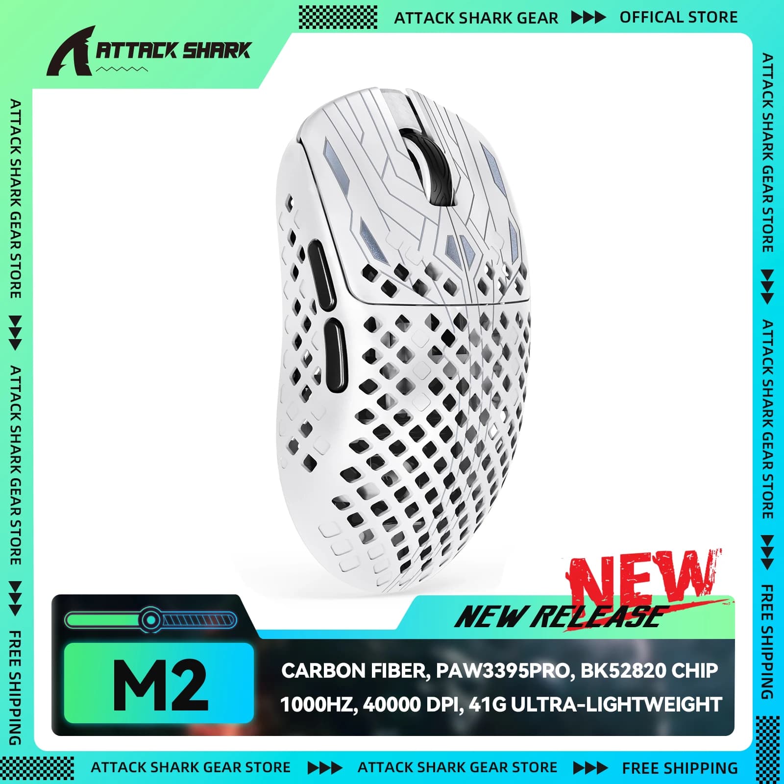 ATTACK SHARK x MAMBASNAKE M2 Mouse da Gaming Wireless in Fibra di Carbonio, Ultraleggero 41g, Sensore PAW3395PRO, 40000 DPI