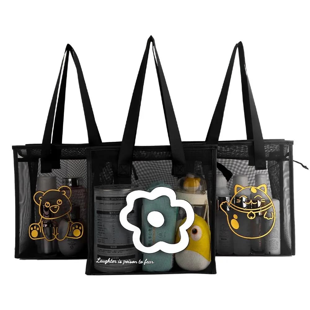 Fashion Clear Beach Tote Bag with Zipper Flower Cartoon Wash Bag Nylon Mesh Transparent Bag Woman