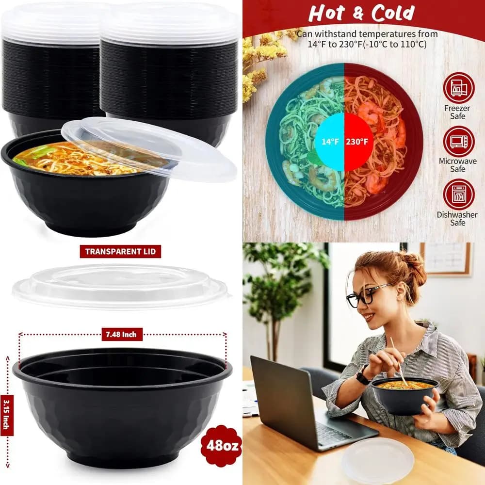 Set di 150 Ciotole Impilabili per Preparazione Pasti con Coperchi, Riutilizzabili e Monouso, Contenitori Neri da 48oz per Asporto