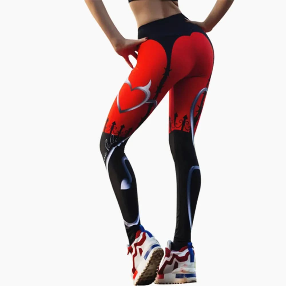 Nuovi leggings sexy con stampa a cuore Pantaloni sportivi patchwork rosso nero da donna Leggings fitness da donna stampati alla moda