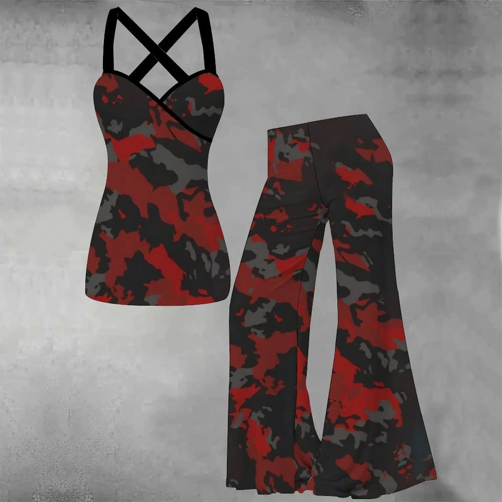 Women's Vintage Mopping Pants Design Set Daily Street Two-piece Set Sexy Flared PantElegant Tank Top Slim Top Crossed Back